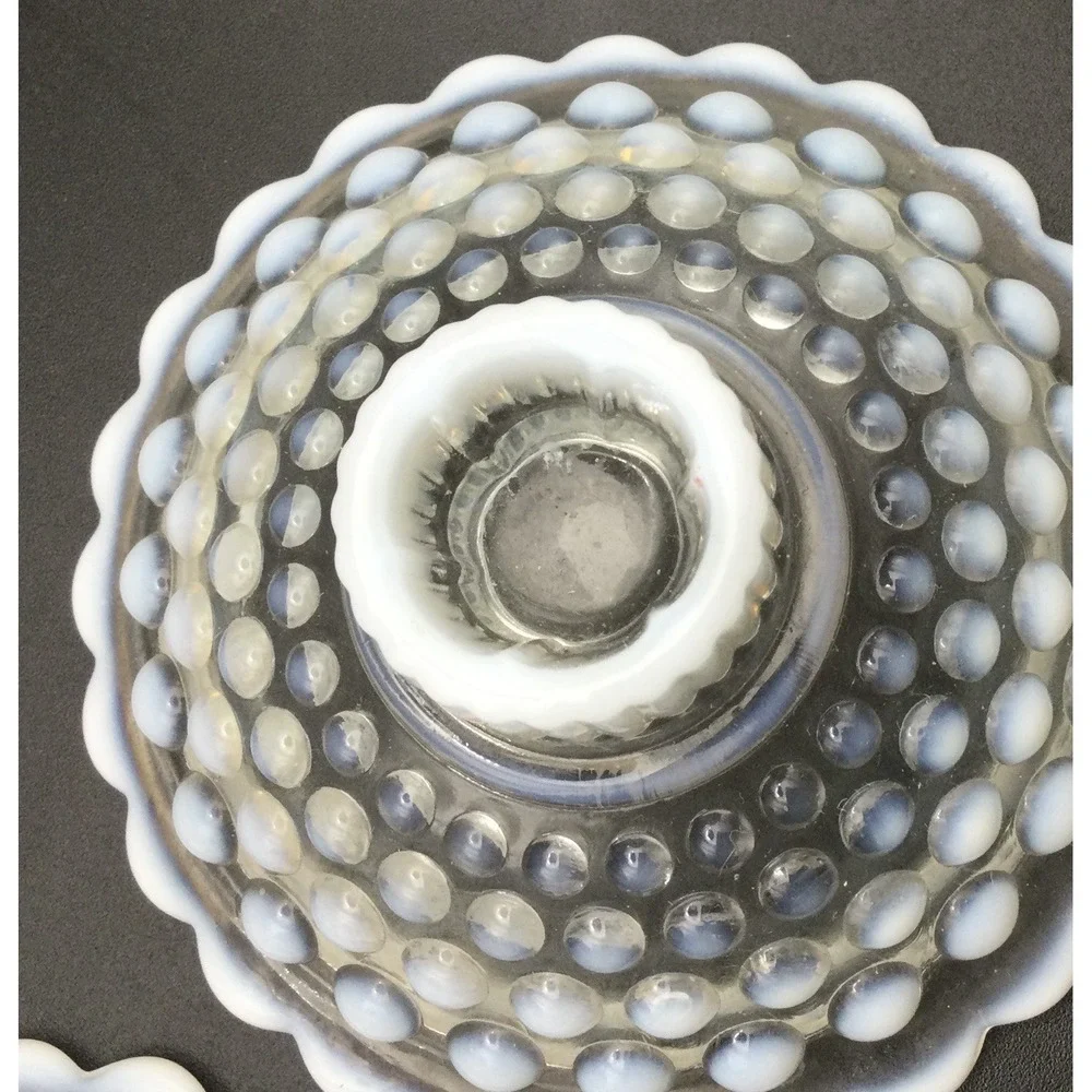 Vintage Anchor Hocking Set 2 White Opalescent Hobnail Moonstone Candle Holders